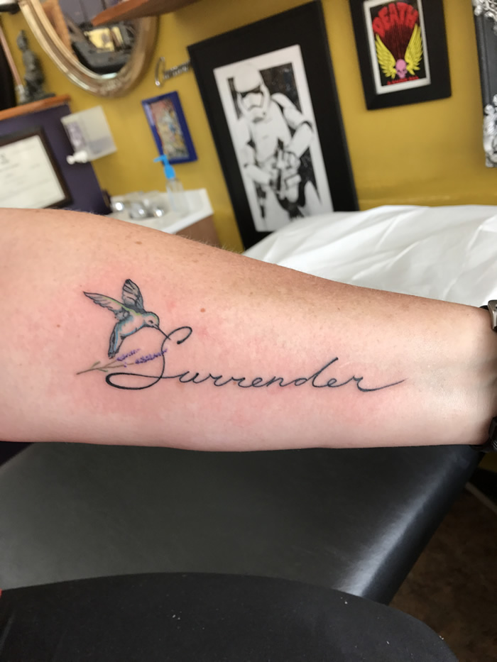 Tattoo tagged with: small, line art, languages, tiny, surrender, ifttt,  little, michellesantana, english, english word, word, neck, fine line |  inked-app.com